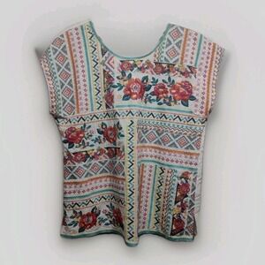 Savanna Jane Embroidered Boho Floral Top S White/Mint Cap Sleeve Cottagecore 175